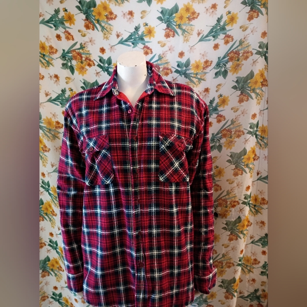 Vintage 80's Men's Compass Red And Blue Plaid Flannel Lined Jacket